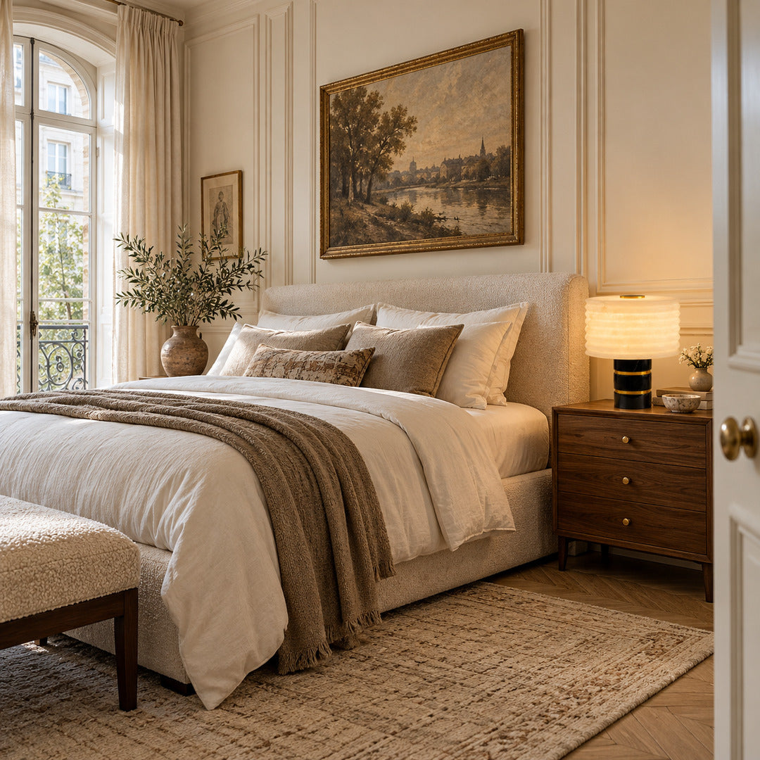 Sasso alabaster table lamp casting a soft glow on a bedside table