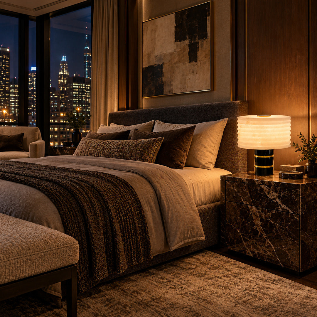 Sasso alabaster table lamp casting a soft glow on a bedside table