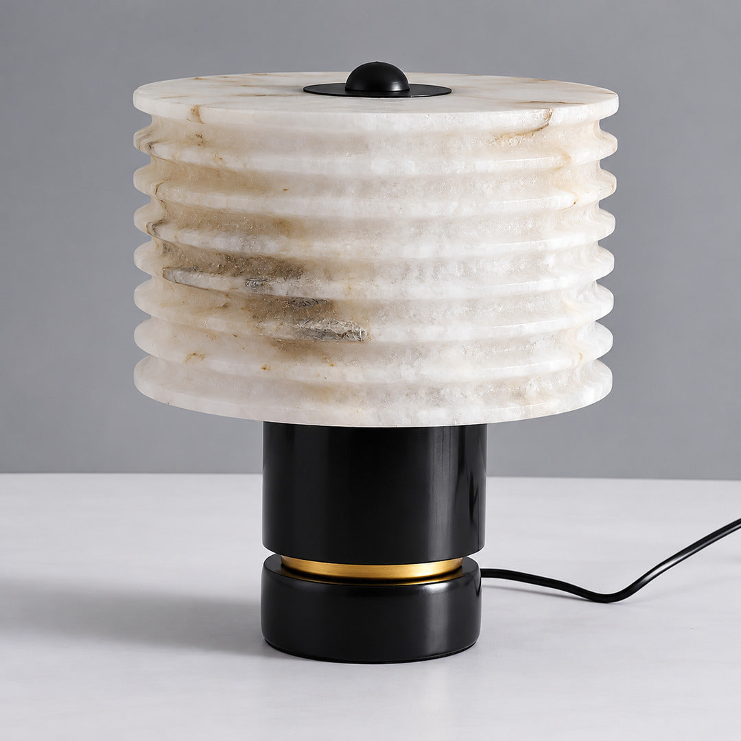 Sasso table lamp Model A with natural alabaster shade and black base