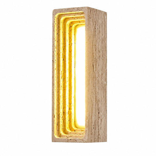 Sasso travertine wall sconce yellow travertine stone column compact minimalist sculptural white background