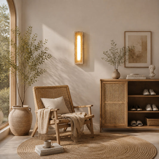Sasso travertine wall sconce reading nook corner warm glow travertine stone column American home lifestyle interior styled
