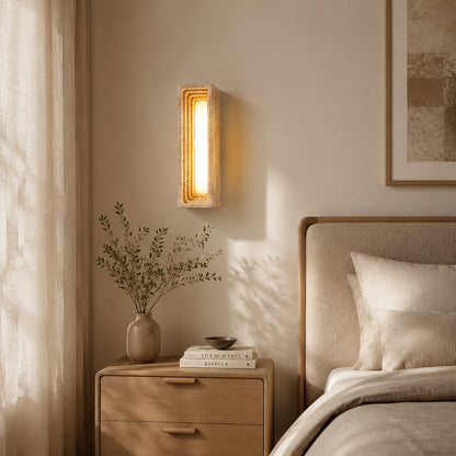 Sasso travertine wall sconce bedroom bedside warm glow natural travertine stone column minimalist American home lifestyle interior styled