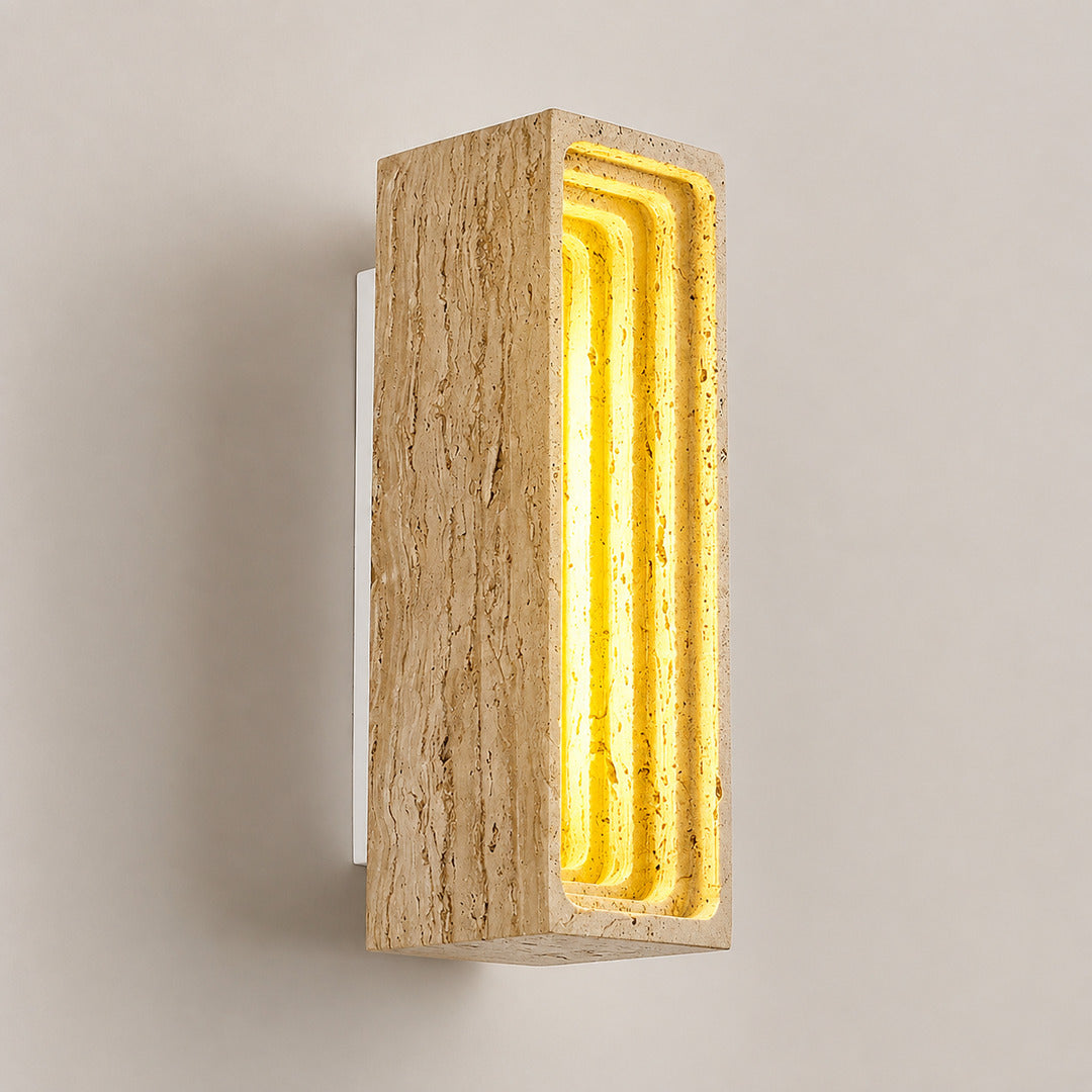 Sasso travertine wall sconce compact column cylindrical sculptural silhouette shape detail