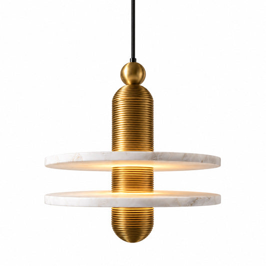 Saturno alabaster pendant light with a natural stone disc on a ribbed column glowing warm over a dining table