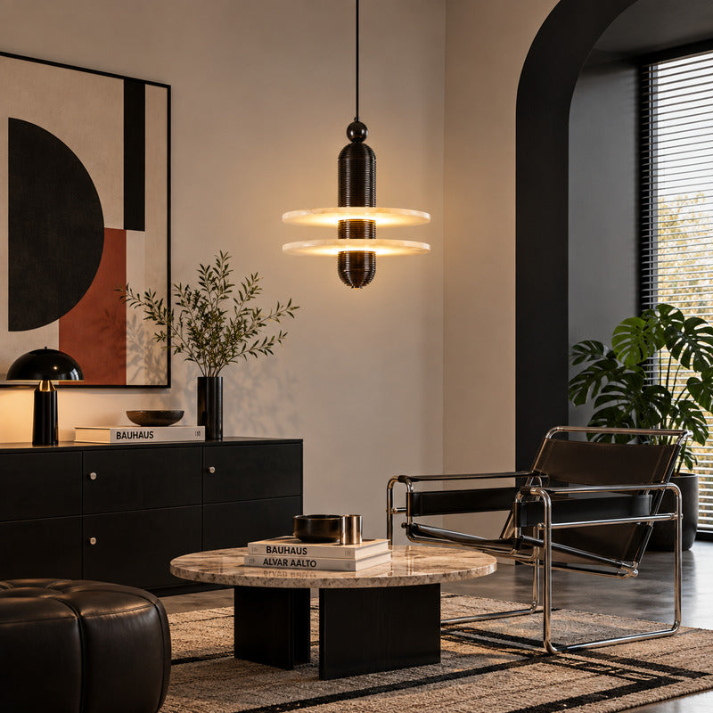 Saturno alabaster pendant as a warm sculptural accent in a modern living room