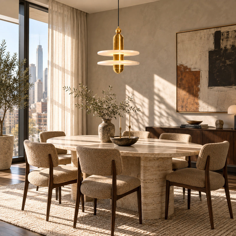 Cluster of three Saturno alabaster pendants staggered over a round dining table