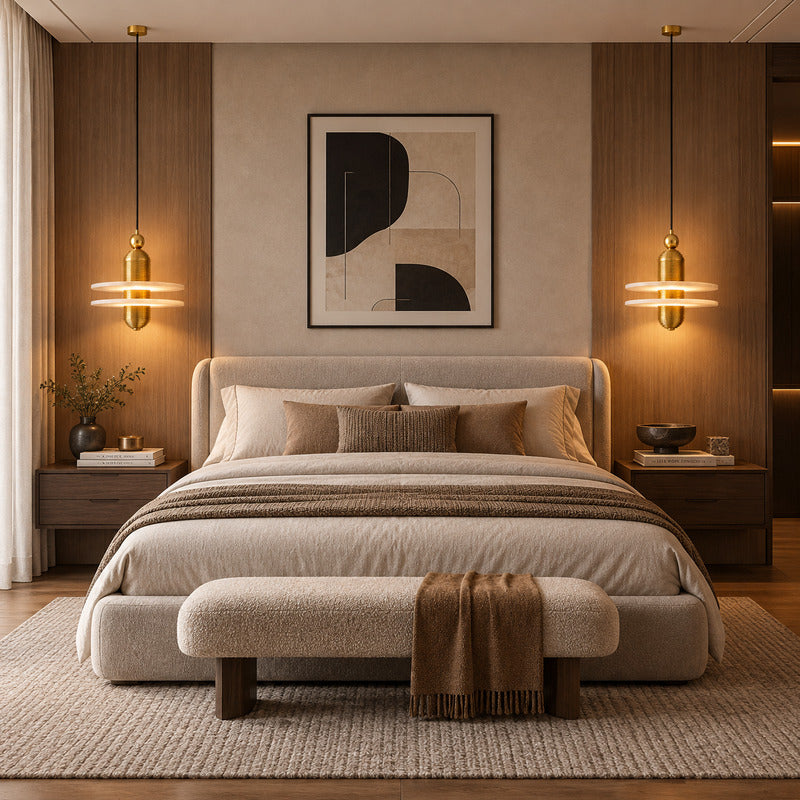 Single Saturno alabaster pendant hanging beside a bed in place of a table lamp