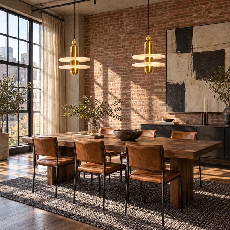 Saturno alabaster pendant casting a warm up-and-down glow over an elegant dining table