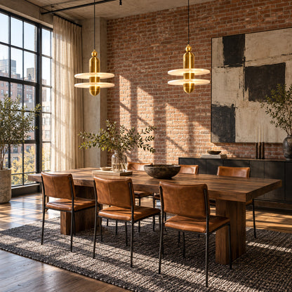 Saturno alabaster pendant casting a warm up-and-down glow over an elegant dining table