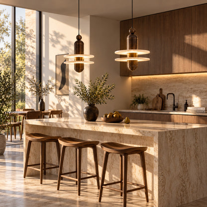Row of single-disc Saturno alabaster pendants suspended over a modern kitchen island