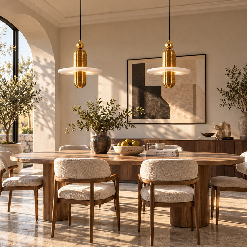 Cluster of three Saturno alabaster pendants staggered over a round dining table