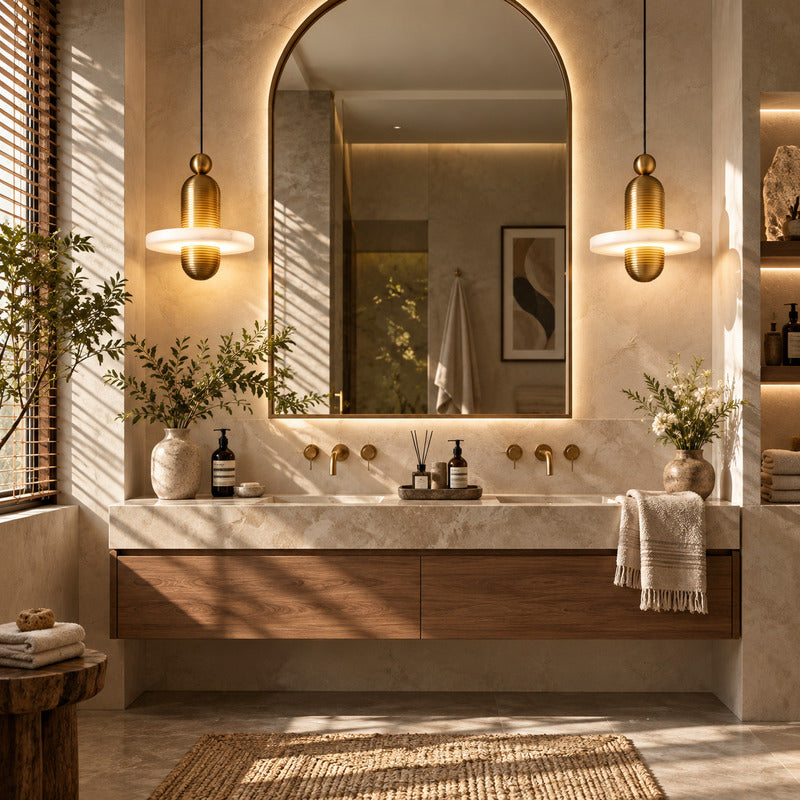Pair of Saturno alabaster pendants flanking a vanity mirror in a dry powder room