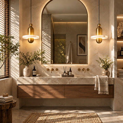 Pair of Saturno alabaster pendants flanking a vanity mirror in a dry powder room
