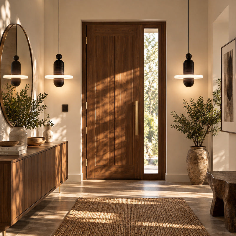 Double-disc Saturno alabaster pendant welcoming guests in a double-height entryway