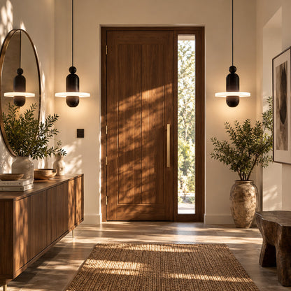 Double-disc Saturno alabaster pendant welcoming guests in a double-height entryway