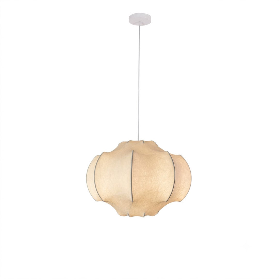 Saya silk lotus pendant 15.7 inch single light ivory silk shade white iron frame lantern silhouette white background