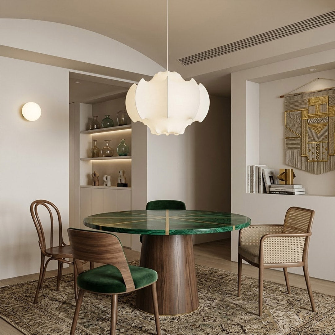Saya 23 inch double light silk lotus pendant above modern dining table six seat warm intimate glow Zen aesthetic