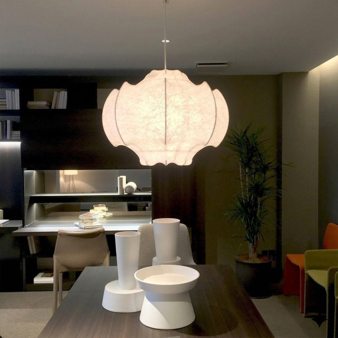 Saya 26 inch three light silk lotus pendant family living room centerpiece large sculptural Wabi Sabi interior
