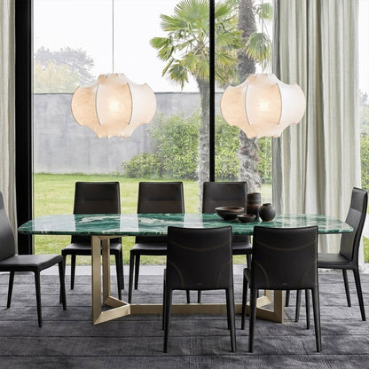Saya 23 inch double light silk lotus pendant above modern dining table six seat warm intimate glow Zen aesthetic