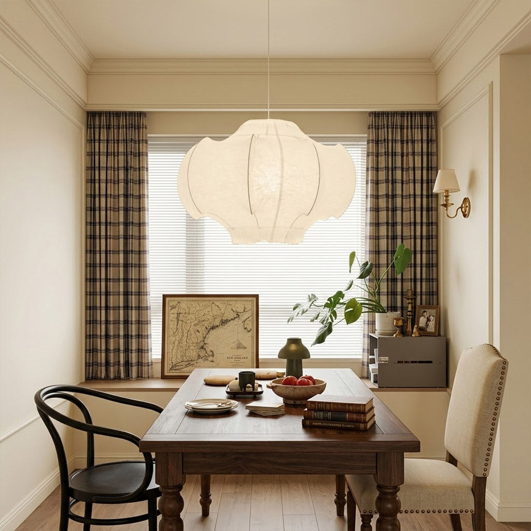 Saya 23 inch double light silk lotus pendant above modern dining table six seat warm intimate glow Zen aesthetic