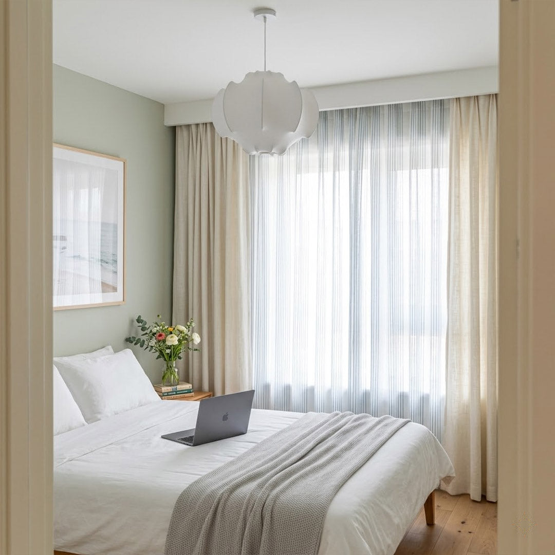 Saya 19 inch silk lotus pendant master bedroom Japandi interior warm silk glow above bed neutral palette