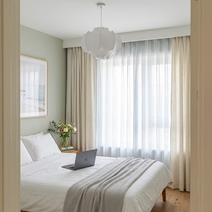 Saya 19 inch silk lotus pendant master bedroom Japandi interior warm silk glow above bed neutral palette