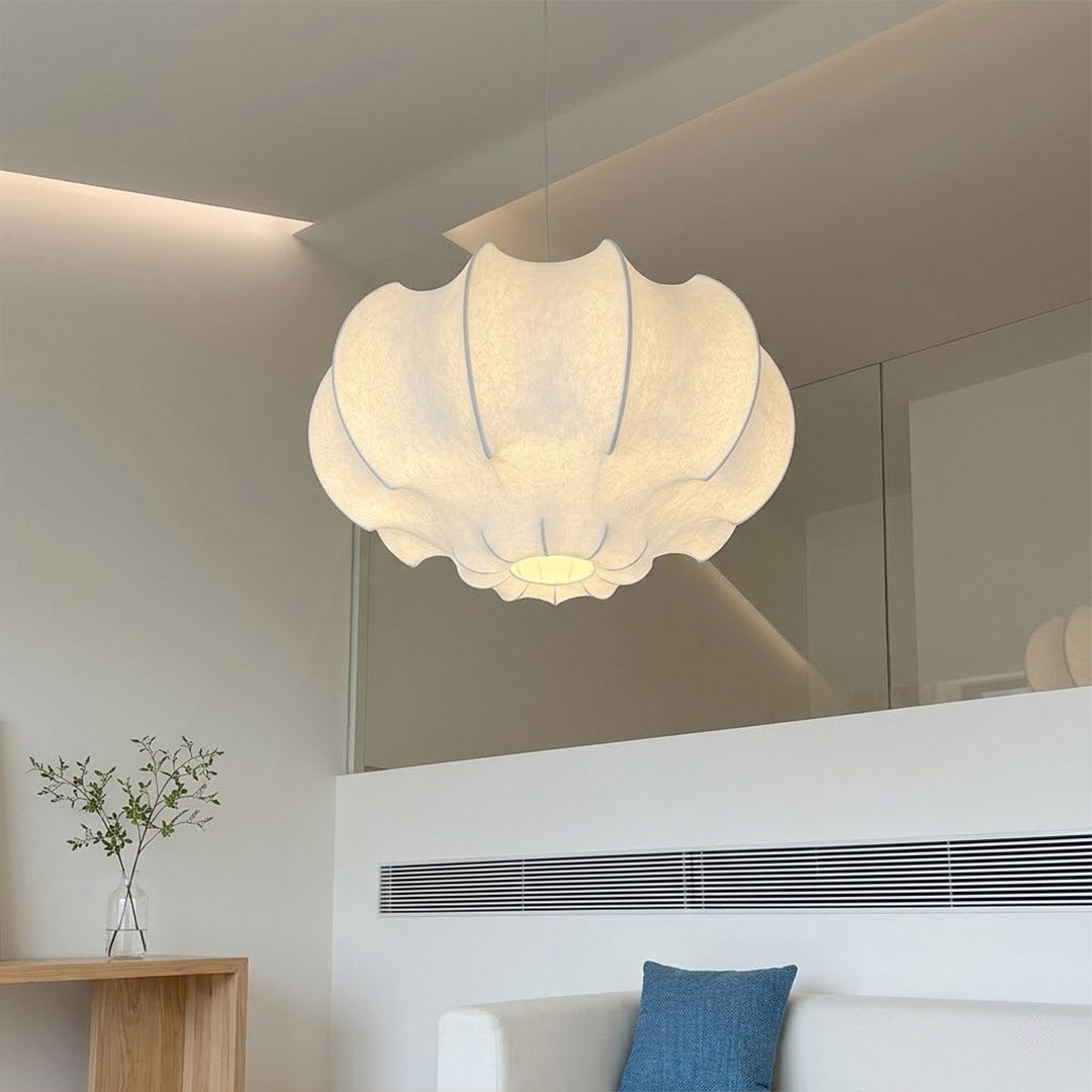 Saya 19 inch silk lotus pendant master bedroom Japandi interior warm silk glow above bed neutral palette