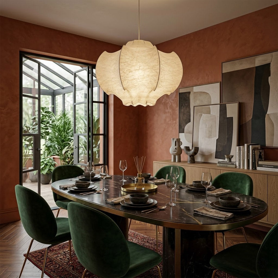 Saya 23 inch double light silk lotus pendant above modern dining table six seat warm intimate glow Zen aesthetic