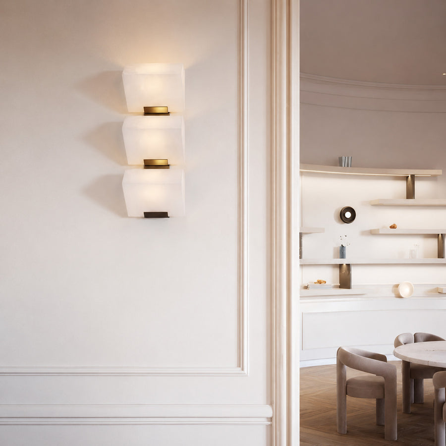 Scala alabaster wall sconce as a warm sculptural accent on a modern living room feature wall