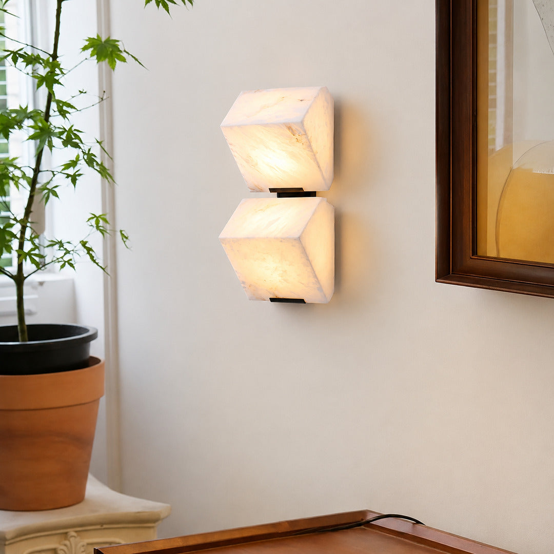 Close-up of the stepped staggered alabaster panels on the Scala wall sconce