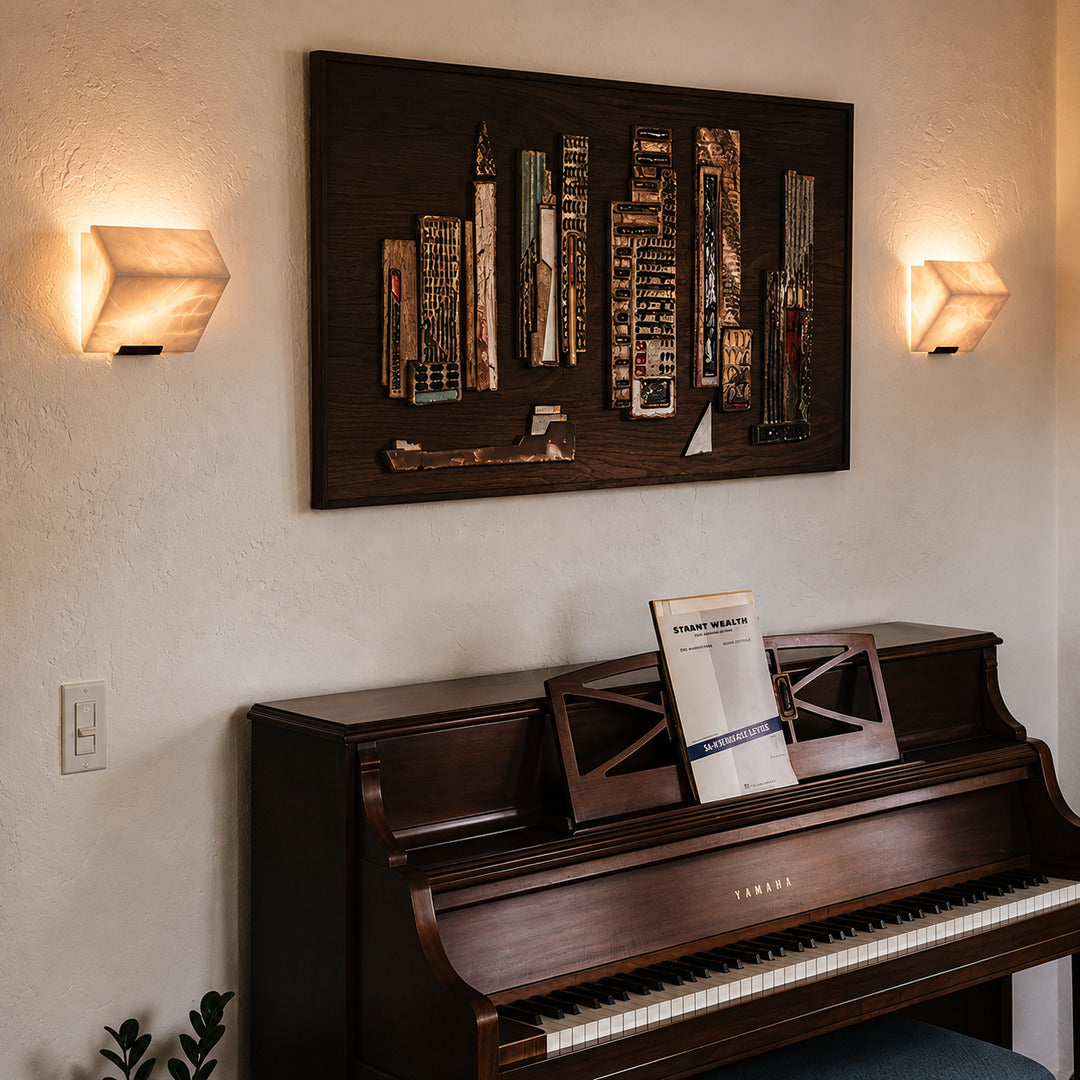 Scala alabaster wall sconce as a warm sculptural accent on a modern living room feature wall