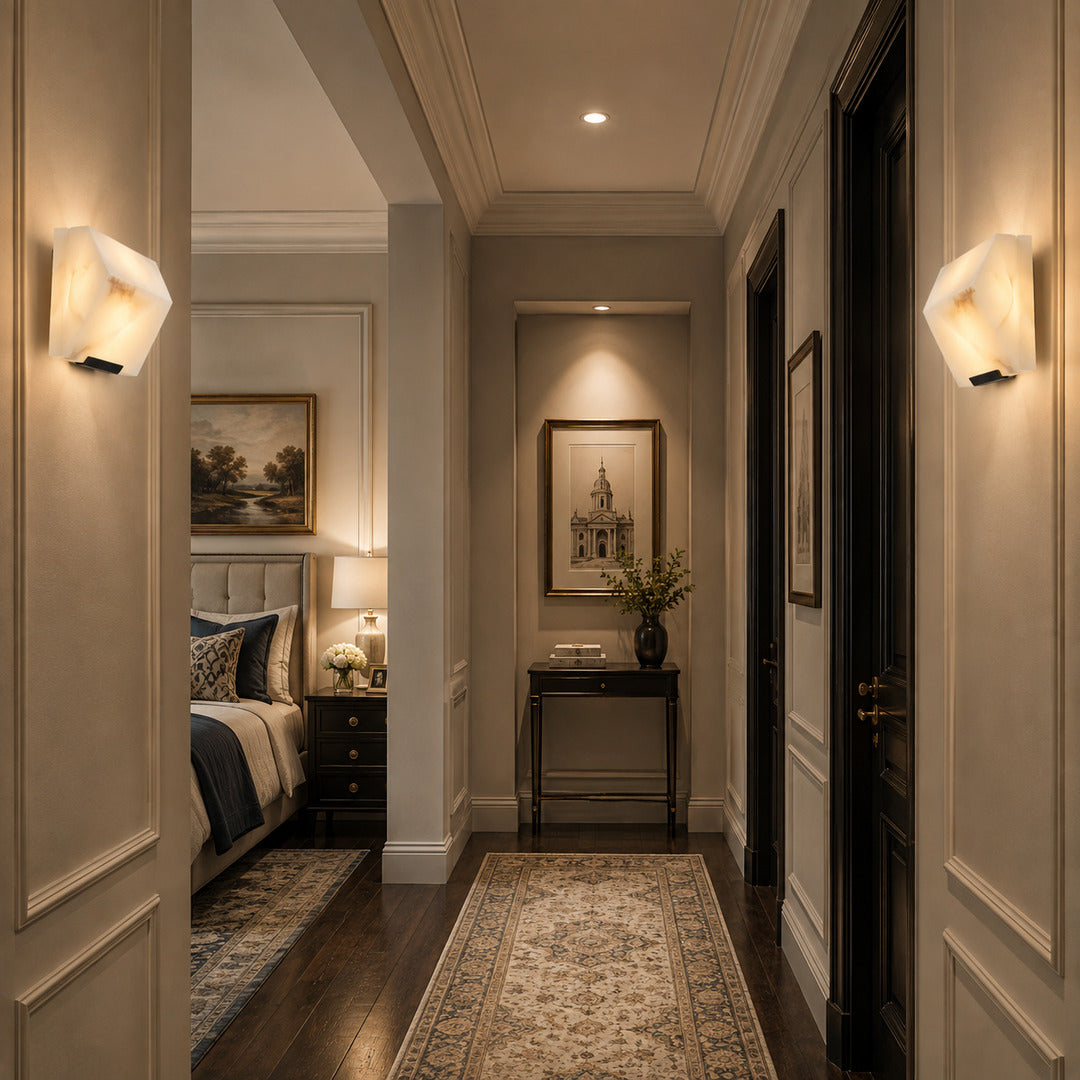 Row of Scala alabaster wall sconces adding warm stepped accents along a hallway