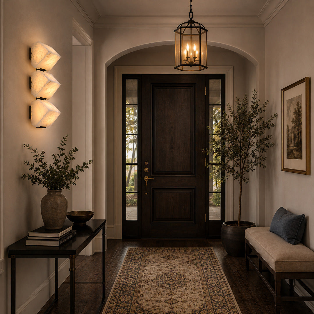 Scala alabaster wall sconce welcoming guests with a warm stepped glow in an entryway