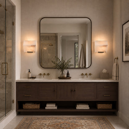 Scala alabaster wall sconce styled in a mid-century modern interior