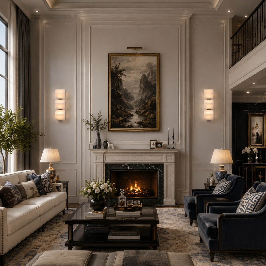 Two Scala alabaster wall sconces flanking a fireplace for a symmetrical warm glow