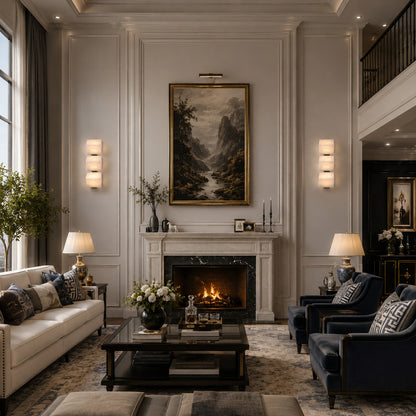 Two Scala alabaster wall sconces flanking a fireplace for a symmetrical warm glow