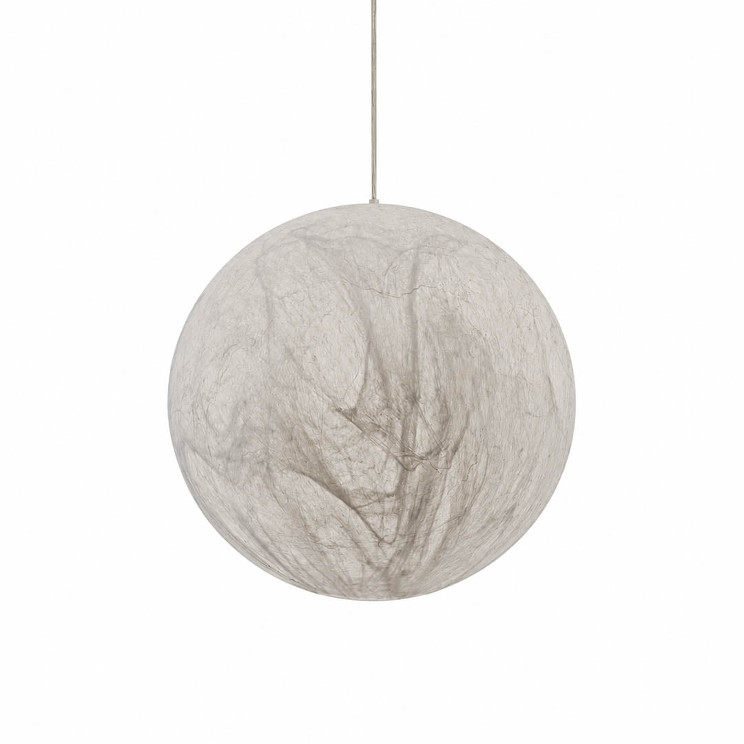 Selene silk moon pendant light medium 16 inch white handcrafted perfect sphere Japandi Zen Wabi Sabi minimalist warm ambient glow bedroom modern white background