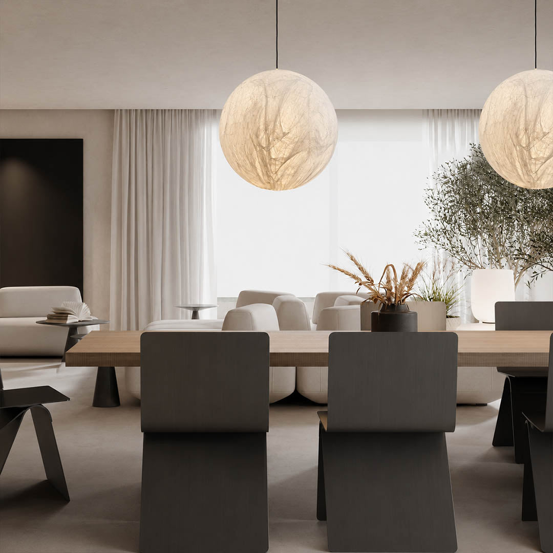 Selene medium silk moon pendant light Wabi Sabi dining room natural wood ceramic serene minimalist warm ambient glow lifestyle interior