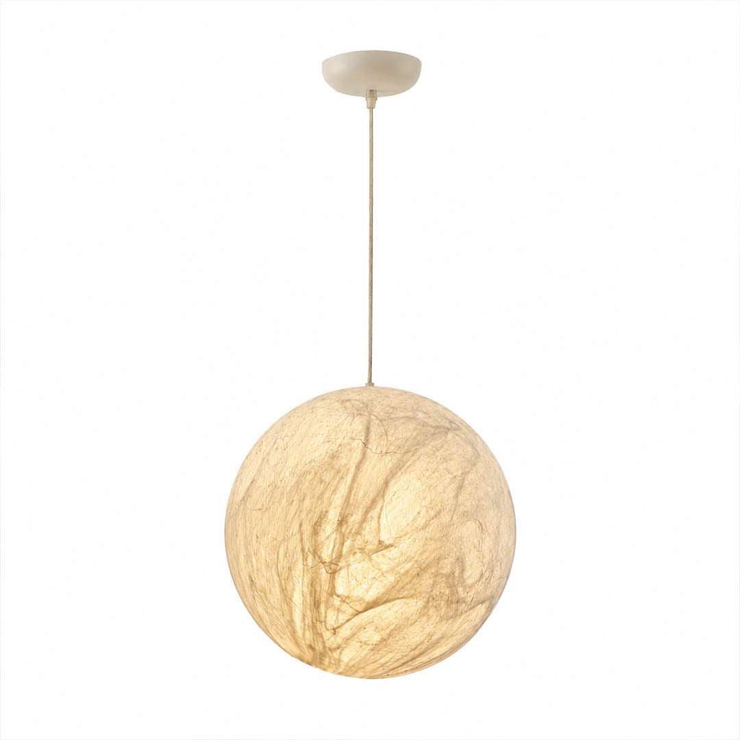 Selene silk moon pendant light small 12 inch white handcrafted perfect sphere Japandi Zen mini bedside bedroom cluster warm ambient white background
