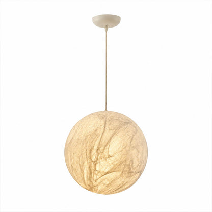 Selene silk moon pendant light small 12 inch white handcrafted perfect sphere Japandi Zen mini bedside bedroom cluster warm ambient white background