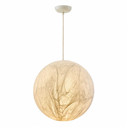 Selene silk moon pendant light medium 16 inch white handcrafted perfect sphere Japandi Zen Wabi Sabi minimalist warm ambient glow bedroom modern white background