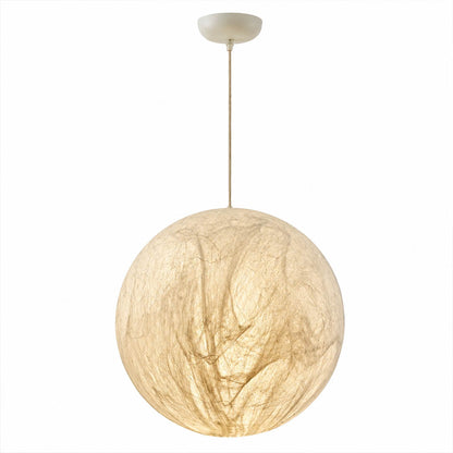 Selene silk moon pendant light large 20 inch white handcrafted perfect sphere Japandi Zen grand statement living room accent warm ambient white background
