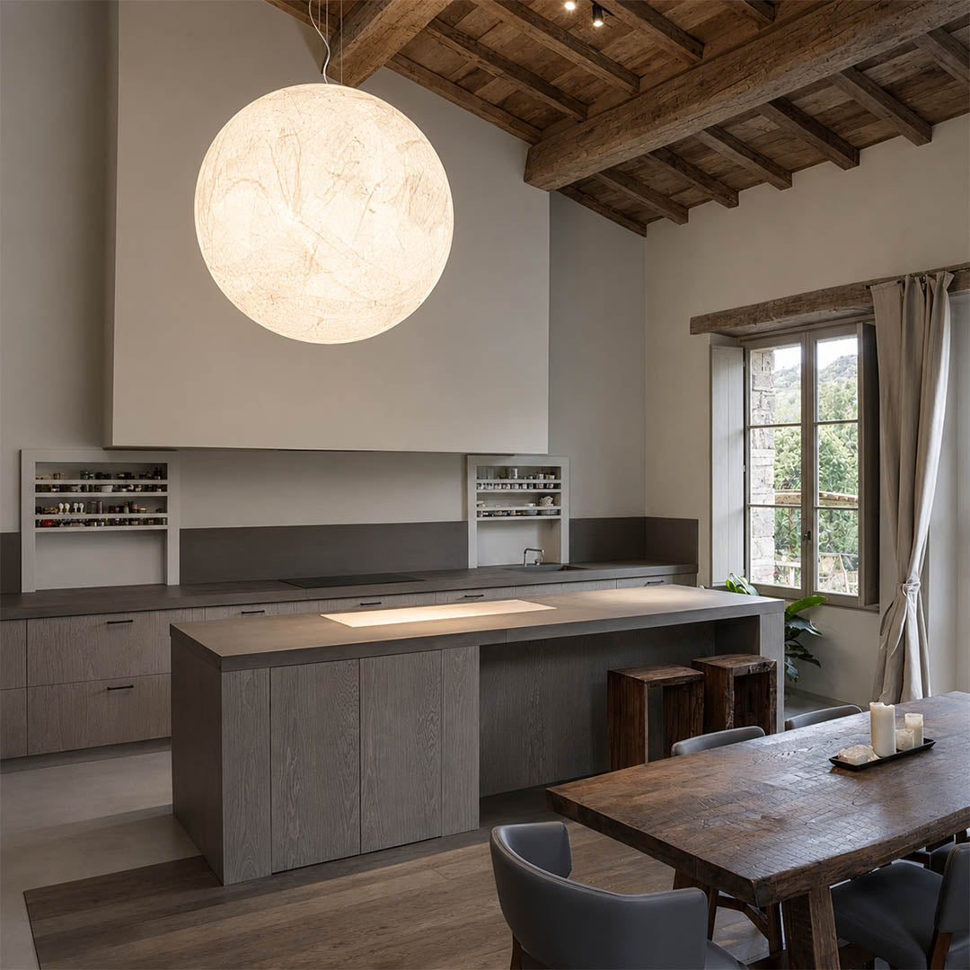 Selene medium silk moon pendant light Wabi Sabi dining room natural wood ceramic serene minimalist warm ambient glow lifestyle interior