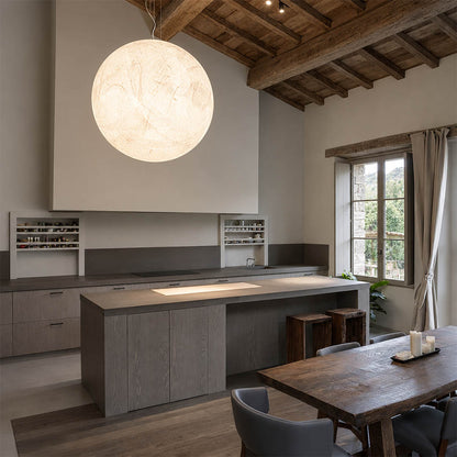 Selene medium silk moon pendant light Wabi Sabi dining room natural wood ceramic serene minimalist warm ambient glow lifestyle interior