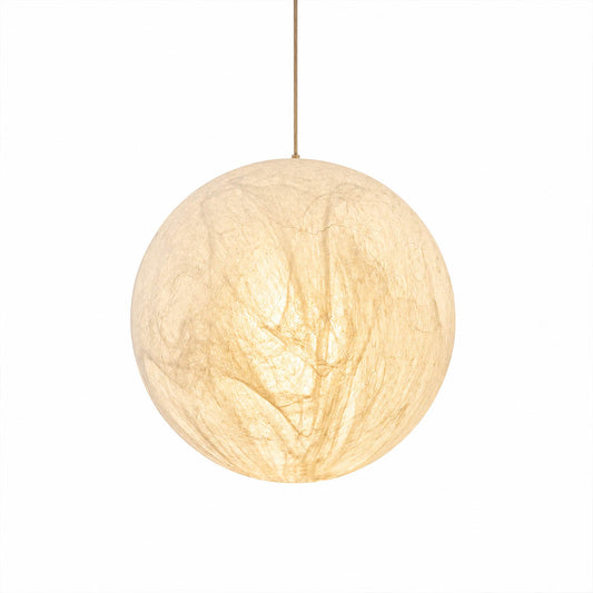 Selene silk moon pendant light medium 16 inch white handcrafted perfect sphere Japandi Zen Wabi Sabi minimalist warm ambient glow bedroom modern white background