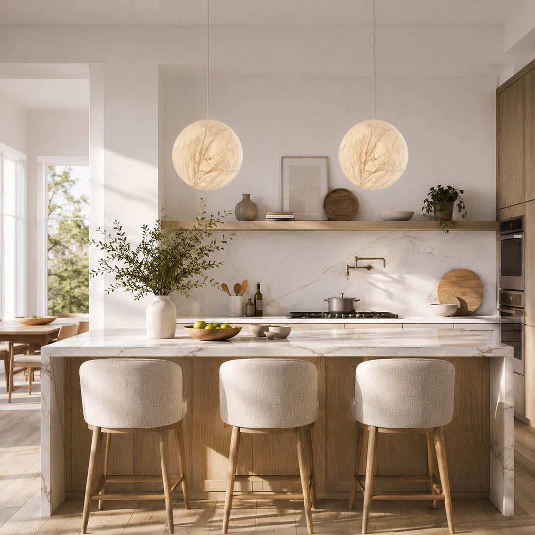 Selene medium silk moon pendant light Wabi Sabi dining room natural wood ceramic serene minimalist warm ambient glow lifestyle interior