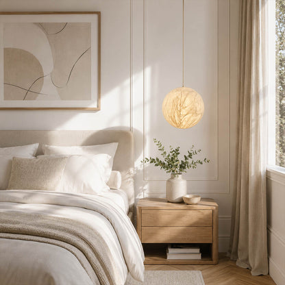 Selene small silk moon pendant light bedroom bedside pair cluster Japandi Zen minimalist linen wood warm ambient glow lifestyle interior