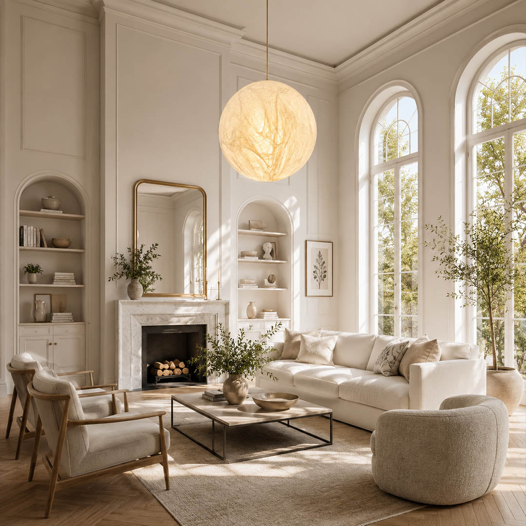 Selene medium silk moon pendant light Japandi modern living room minimalist Scandinavian oak linen serene warm ambient glow lifestyle interior