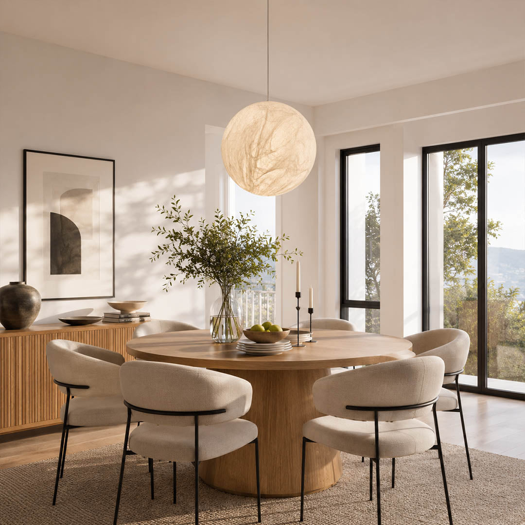 Selene medium silk moon pendant light Wabi Sabi dining room natural wood ceramic serene minimalist warm ambient glow lifestyle interior