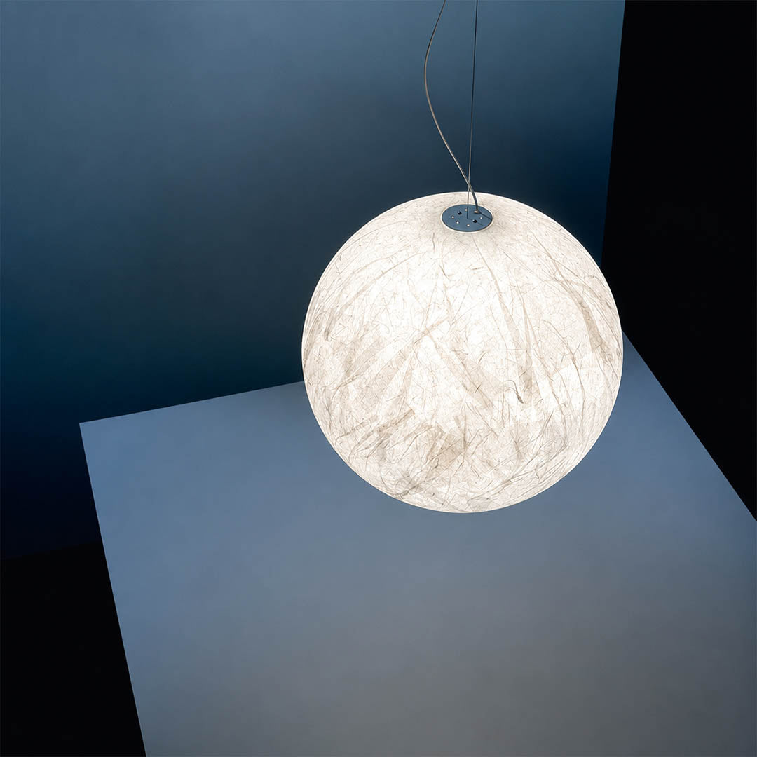 Selene medium silk moon pendant light Japandi modern living room minimalist Scandinavian oak linen serene warm ambient glow lifestyle interior